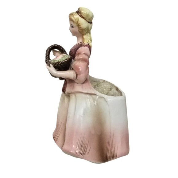 Vintage Lefton Lady Figurine Planter With Basket Pink/White Ceramic - Picture 2 of 7